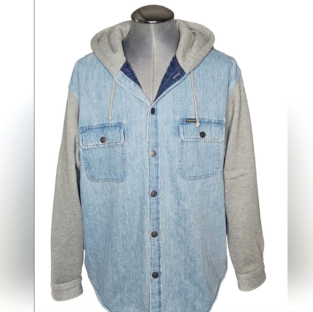 Supreme FW22 | Denim | Button Up | Quilted Fleece | 90s Style Gray Hooded Jacket - Picture 5 of 16
